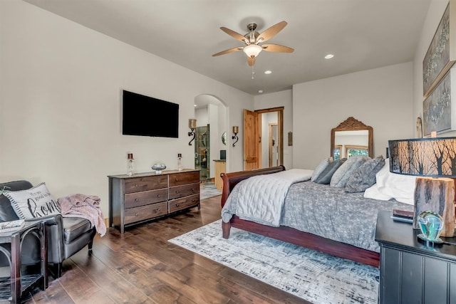 42596 Garnet Ln, Shaver Lake, CA 93664 - bedroom featuring recessed lighting, arched walkways, a ceiling fan, and wood finished floors