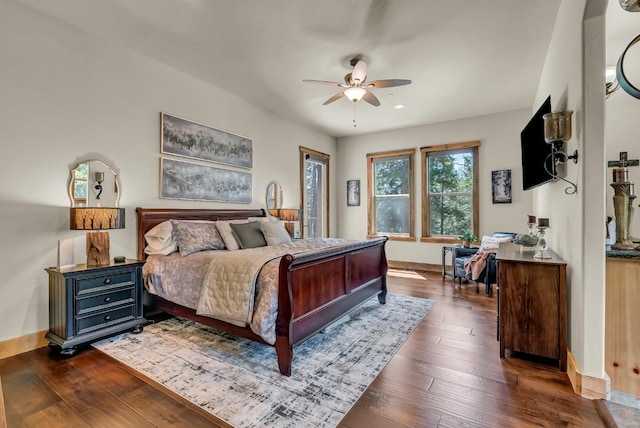 42596 Garnet Ln, Shaver Lake, CA 93664 - bedroom featuring baseboards, recessed lighting, a ceiling fan, and dark wood-style flooring