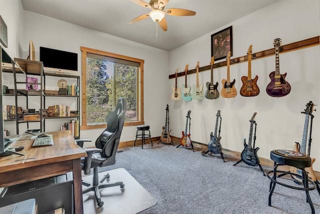 42596 Garnet Ln, Shaver Lake, CA 93664 - home office featuring a ceiling fan, carpet flooring, and baseboards