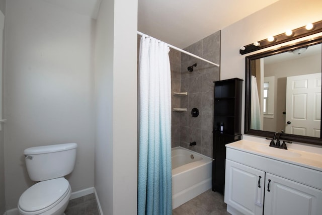 full bath with tile patterned floors, shower / bath combo with shower curtain, toilet, vanity, and baseboards