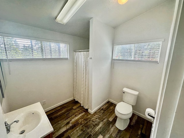 41778 Muskrat Ln, Auberry, CA 93602 - full bath featuring toilet, wood finished floors, baseboards, curtained shower, and vanity