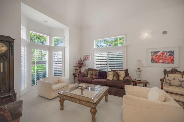 2727 W Bluff Ave Unit 136, Fresno, CA 93711 - living area featuring a towering ceiling, a wealth of natural light, and carpet flooring