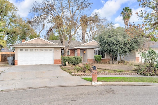 ranch-style house featuring concrete driveway, stucco siding, an attached garage, and brick siding