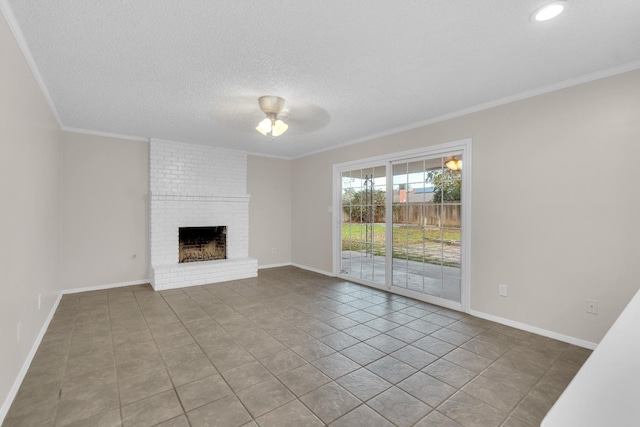 unfurnished living room featuring a fireplace, crown molding, a ceiling fan, baseboards, and a textured ceiling