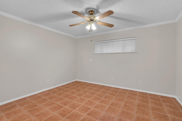 unfurnished room featuring baseboards, ornamental molding, ceiling fan, and a textured ceiling