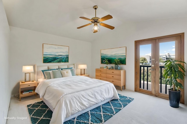 467 E Alluvial Ave Unit 106, Fresno, CA 93720 - bedroom featuring access to outside, lofted ceiling, french doors, light colored carpet, and a ceiling fan