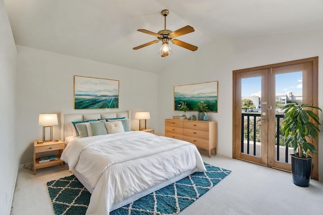 467 E Alluvial Ave Unit 106, Fresno, CA 93720 - bedroom featuring access to exterior, lofted ceiling, french doors, light carpet, and ceiling fan