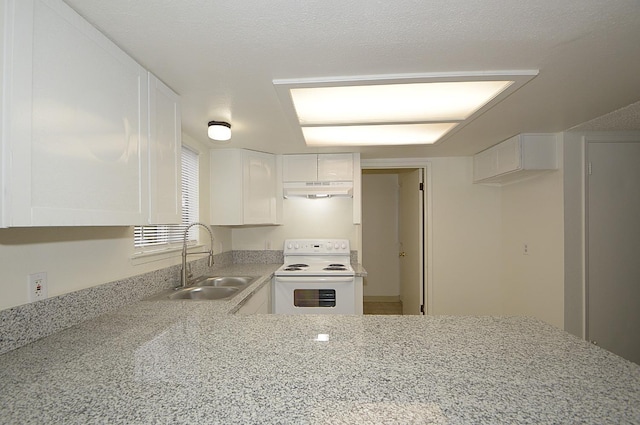 4765 N Cedar Ave Unit 105, Fresno, CA 93726 - kitchen featuring electric range, a sink, under cabinet range hood, white cabinets, and light stone counters