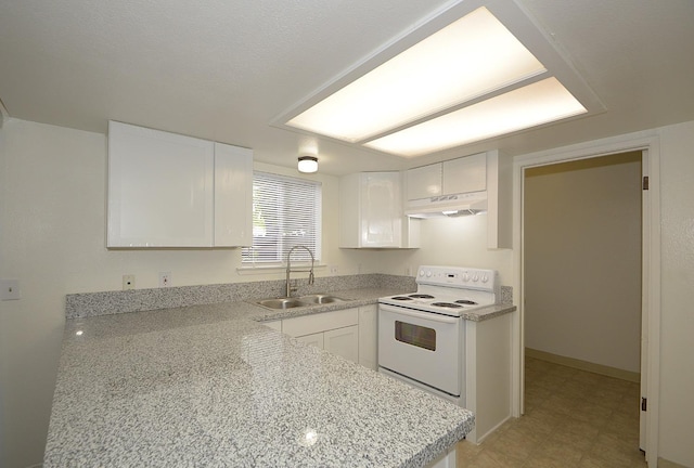 4765 N Cedar Ave Unit 105, Fresno, CA 93726 - kitchen with a sink, white range with electric stovetop, under cabinet range hood, and white cabinets