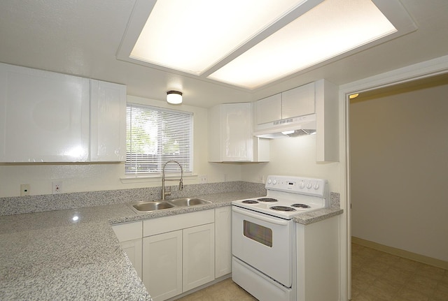 4765 N Cedar Ave Unit 105, Fresno, CA 93726 - kitchen featuring white range with electric cooktop, a sink, under cabinet range hood, and white cabinetry