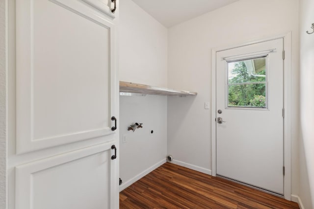 laundry room with washer hookup, electric dryer hookup, baseboards, dark wood finished floors, and laundry area