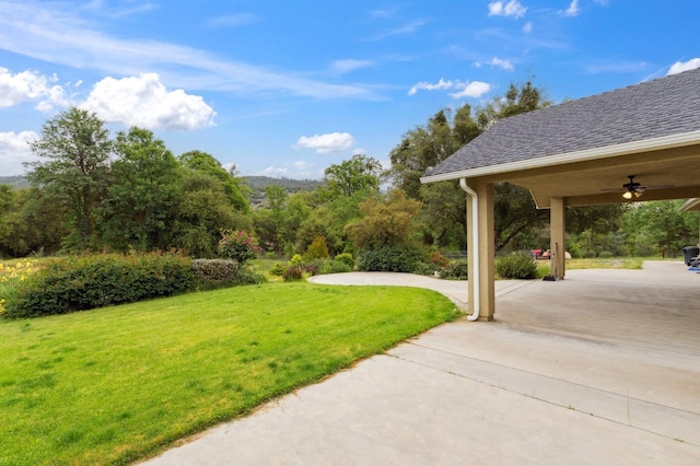 view of yard featuring a ceiling fan and a patio area