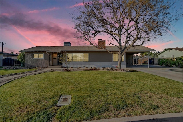 230 E Sycamore Dr, Hanford, CA 93230 - single story home featuring concrete driveway, a chimney, a front yard, and fence