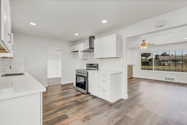 230 E Sycamore Dr, Hanford, CA 93230 - kitchen with a sink, wall chimney range hood, ceiling fan, and stainless steel electric range oven