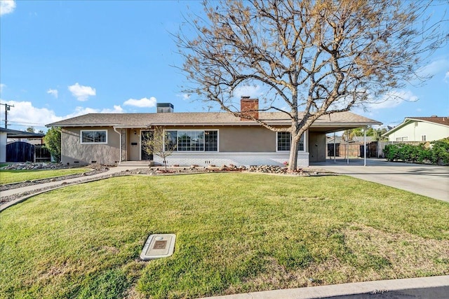 230 E Sycamore Dr, Hanford, CA 93230 - single story home featuring concrete driveway, fence, stucco siding, and a chimney