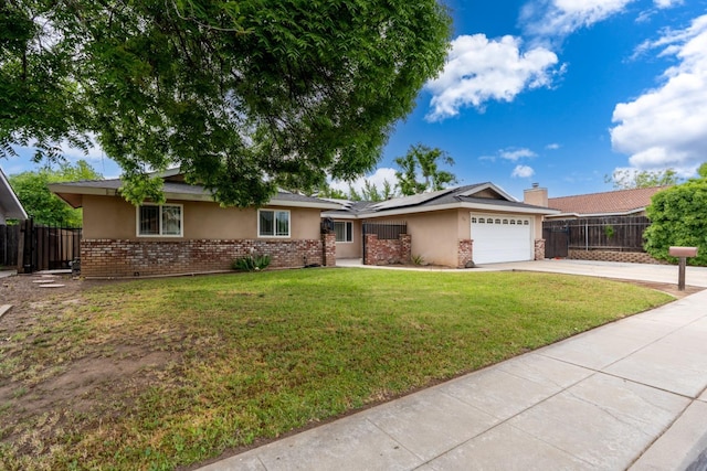 single story home featuring stucco siding, brick siding, a garage, roof mounted solar panels, and concrete driveway