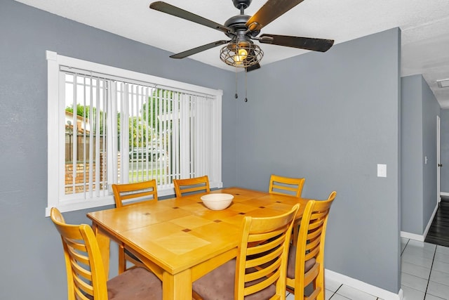 dining area featuring light tile patterned floors, visible vents, a ceiling fan, and baseboards