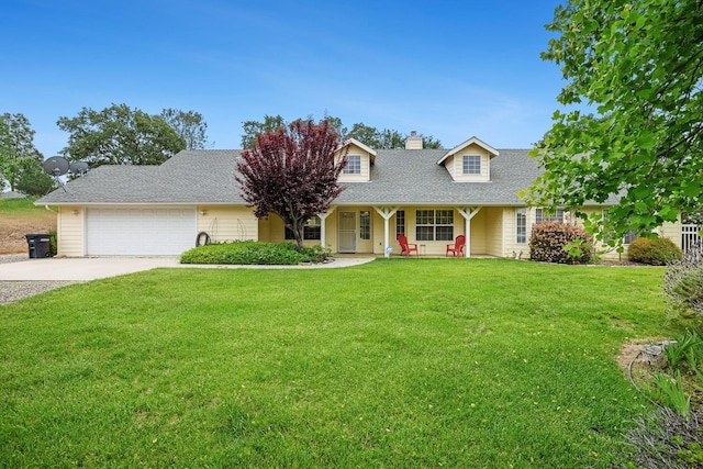 cape cod home featuring a chimney, a porch, a front yard, concrete driveway, and an attached garage