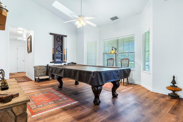 playroom featuring wood finished floors, pool table, visible vents, a ceiling fan, and high vaulted ceiling