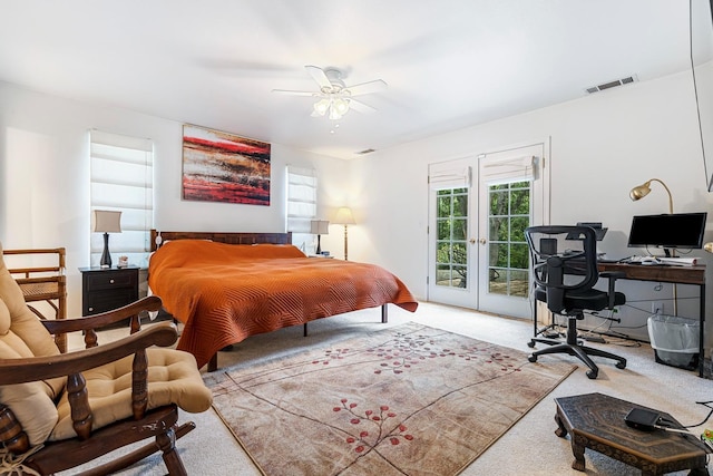bedroom with access to outside, carpet, visible vents, a ceiling fan, and french doors