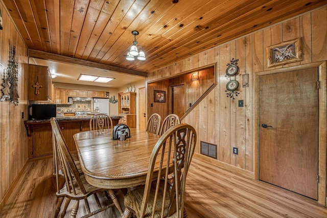 dining room featuring light wood-style floors, visible vents, baseboards, wooden ceiling, and wooden walls