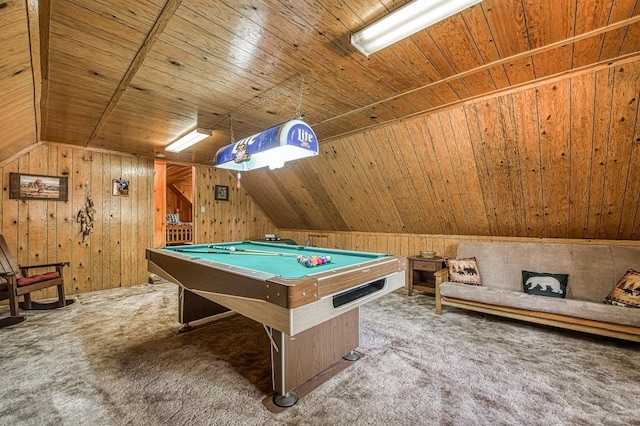rec room with wood walls, billiards, carpet flooring, and wood ceiling