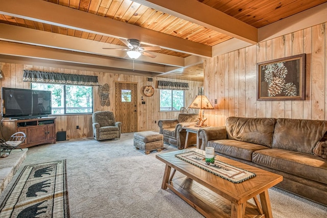 carpeted living room featuring beam ceiling, wood walls, ceiling fan, and wood ceiling