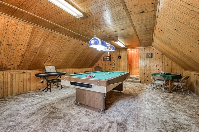 recreation room with wood walls, wood ceiling, billiards, and carpet floors