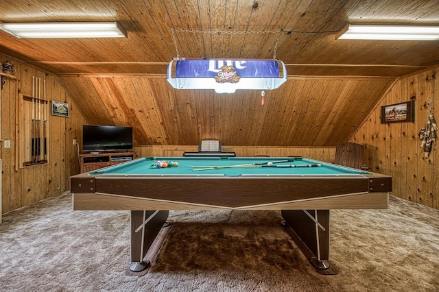 playroom with vaulted ceiling, wooden ceiling, wood walls, and carpet