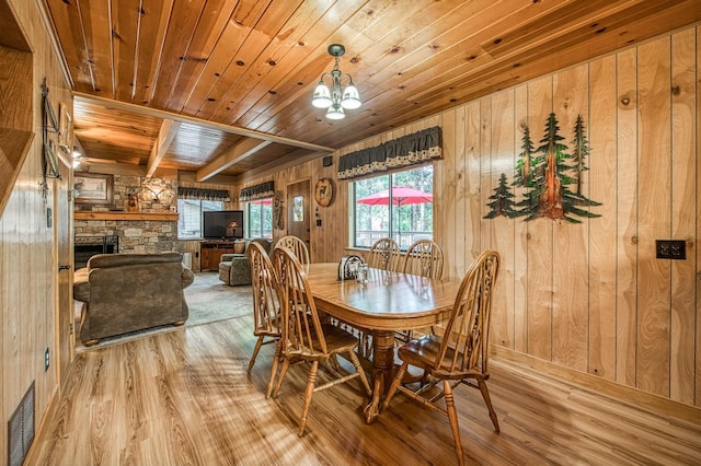 dining space with visible vents, wooden ceiling, wood finished floors, and wood walls
