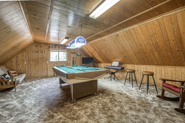 rec room with wood walls, billiards, carpet flooring, and wooden ceiling