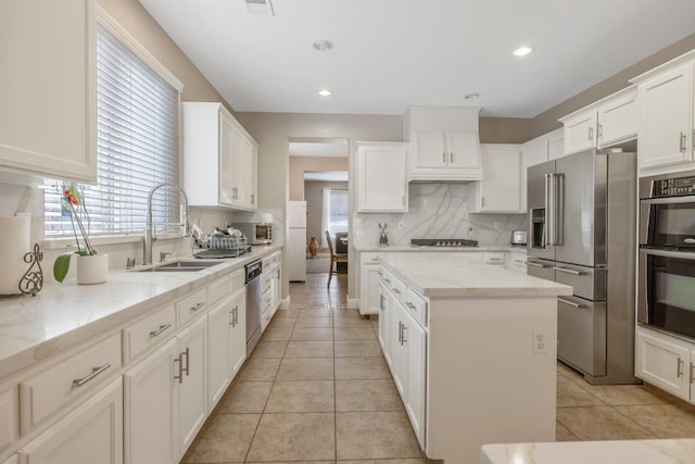 kitchen featuring a sink, decorative backsplash, a center island, white cabinets, and appliances with stainless steel finishes
