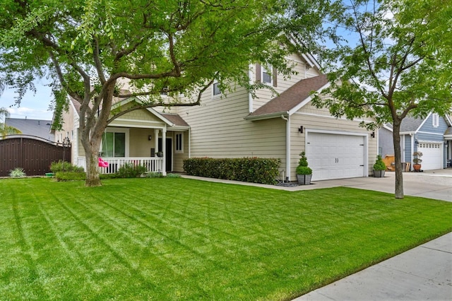 view of front facade with a front lawn, a garage, a shingled roof, covered porch, and concrete driveway
