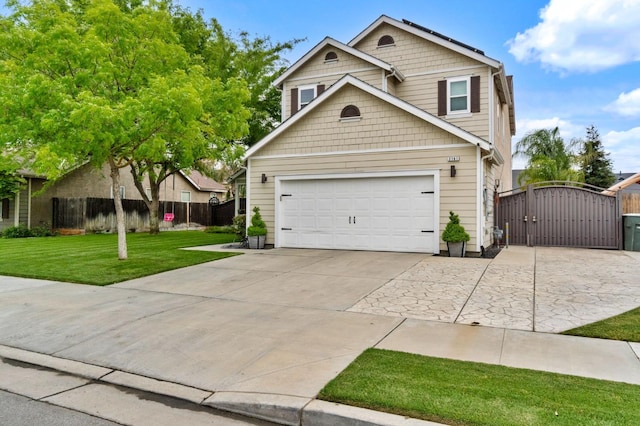traditional home with fence, a gate, driveway, and a front yard