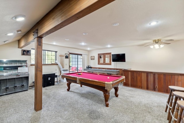 playroom with recessed lighting, pool table, wainscoting, carpet, and ceiling fan