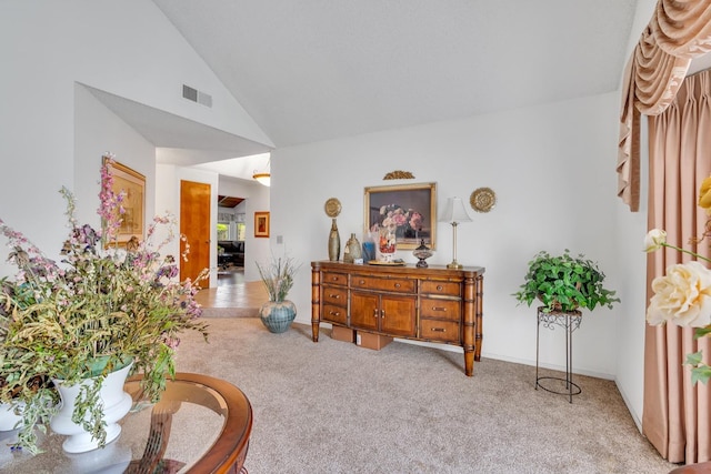 167 W Quincy Ave, Fresno, CA 93711 - interior space featuring visible vents, high vaulted ceiling, and carpet floors