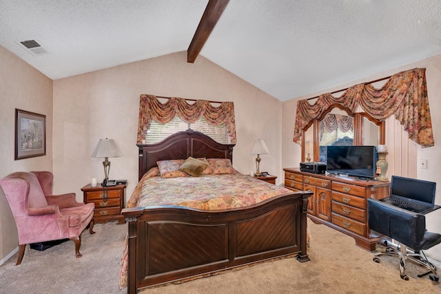 167 W Quincy Ave, Fresno, CA 93711 - bedroom with lofted ceiling with beams, a textured ceiling, visible vents, and light carpet