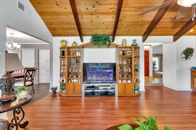 167 W Quincy Ave, Fresno, CA 93711 - living area with wood finished floors, visible vents, lofted ceiling with beams, and wooden ceiling