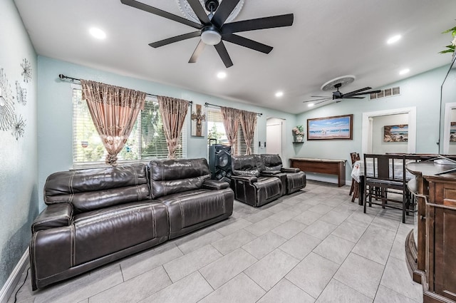 3336 N Lafayette Ave, Fresno, CA 93705 - living area featuring visible vents, a ceiling fan, light tile patterned flooring, and recessed lighting