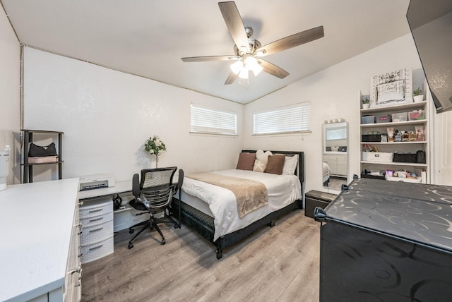 3336 N Lafayette Ave, Fresno, CA 93705 - bedroom with ceiling fan, vaulted ceiling, and light wood-type flooring