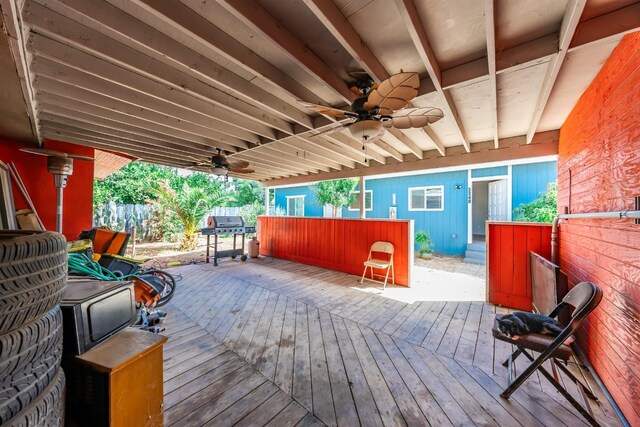 3336 N Lafayette Ave, Fresno, CA 93705 - wooden deck with a grill, fence, and ceiling fan