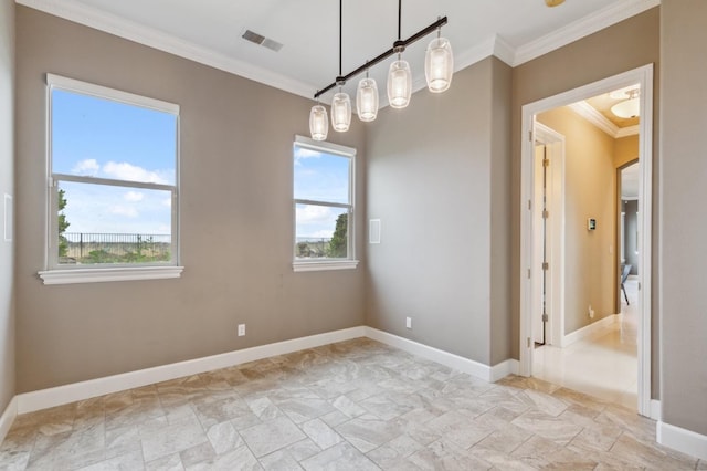 4918 W Bluff Ave, Fresno, CA 93722 - empty room with ornamental molding, visible vents, baseboards, and stone finish flooring