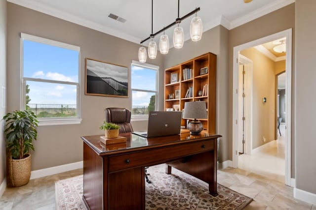 4918 W Bluff Ave, Fresno, CA 93722 - office space featuring baseboards, visible vents, and crown molding
