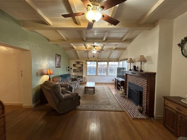 523 W Yosemite, Madera, CA 93637 - living area featuring baseboards, ceiling fan, lofted ceiling with beams, and wood finished floors
