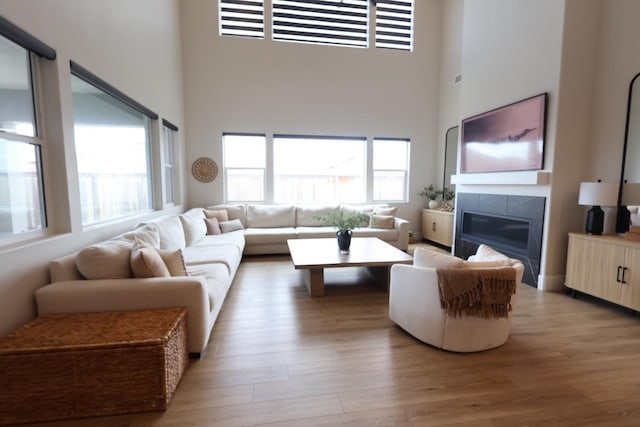 living area featuring wood finished floors, a towering ceiling, and plenty of natural light