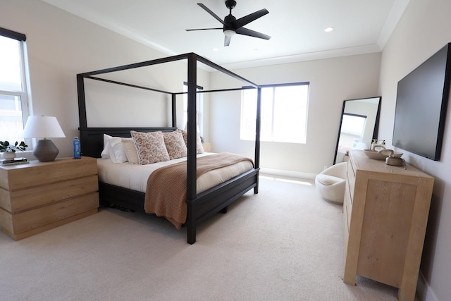 bedroom with recessed lighting, ceiling fan, and light colored carpet
