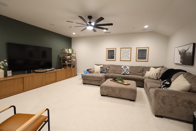 living area featuring recessed lighting, a ceiling fan, carpet flooring, and visible vents