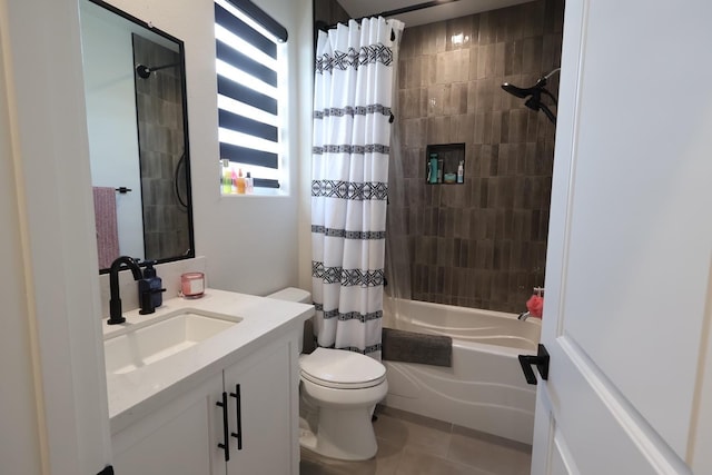 full bathroom with shower / tub combo, tile patterned flooring, toilet, and vanity