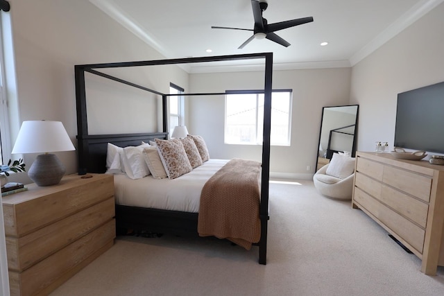 bedroom with a ceiling fan, light colored carpet, crown molding, and recessed lighting