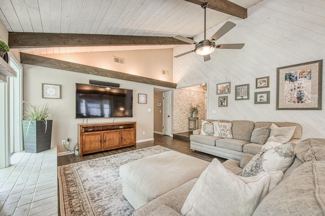 living room with ceiling fan, baseboards, wood finished floors, beamed ceiling, and visible vents